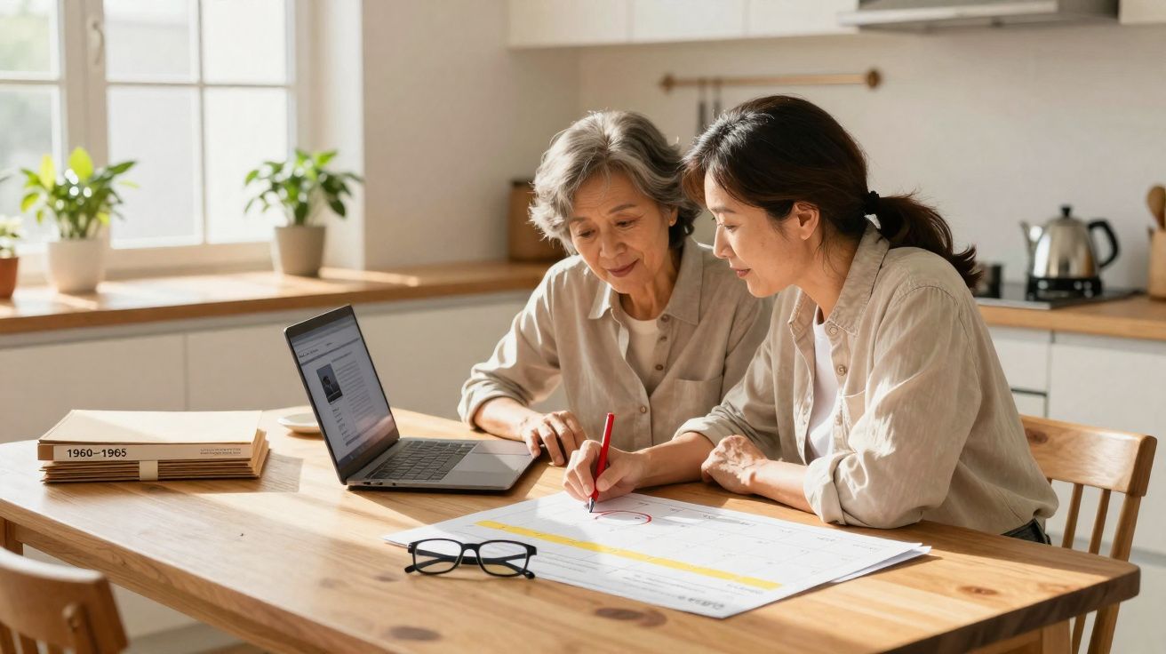 Duas mulheres sentadas à mesa a planear e a usar um laptop numa divisão bem iluminada.