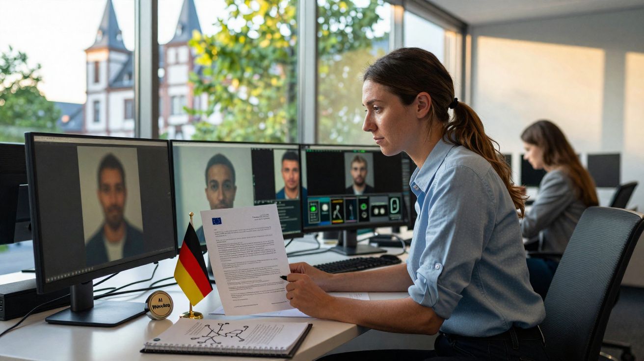 Mulher a analisar documentos e imagens de perfis em múltiplos ecrãs num escritório moderno e iluminado.