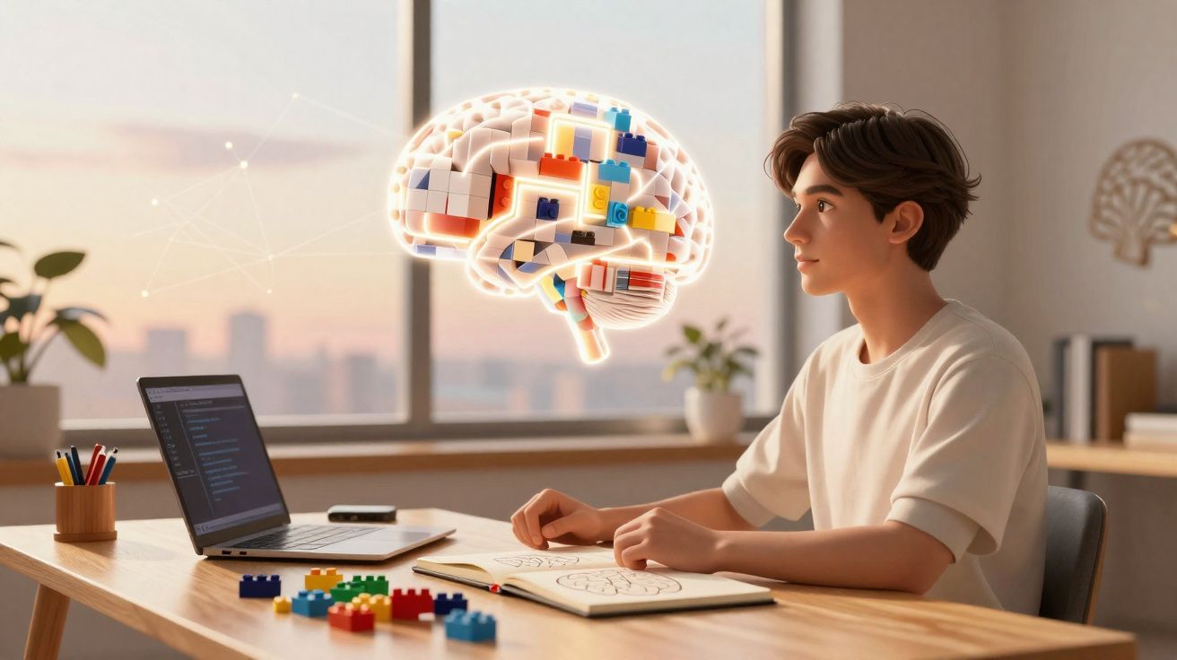 Jovem sentado à mesa a estudar imagens de cérebro feitas com blocos de construção coloridos, laptop aberto.
