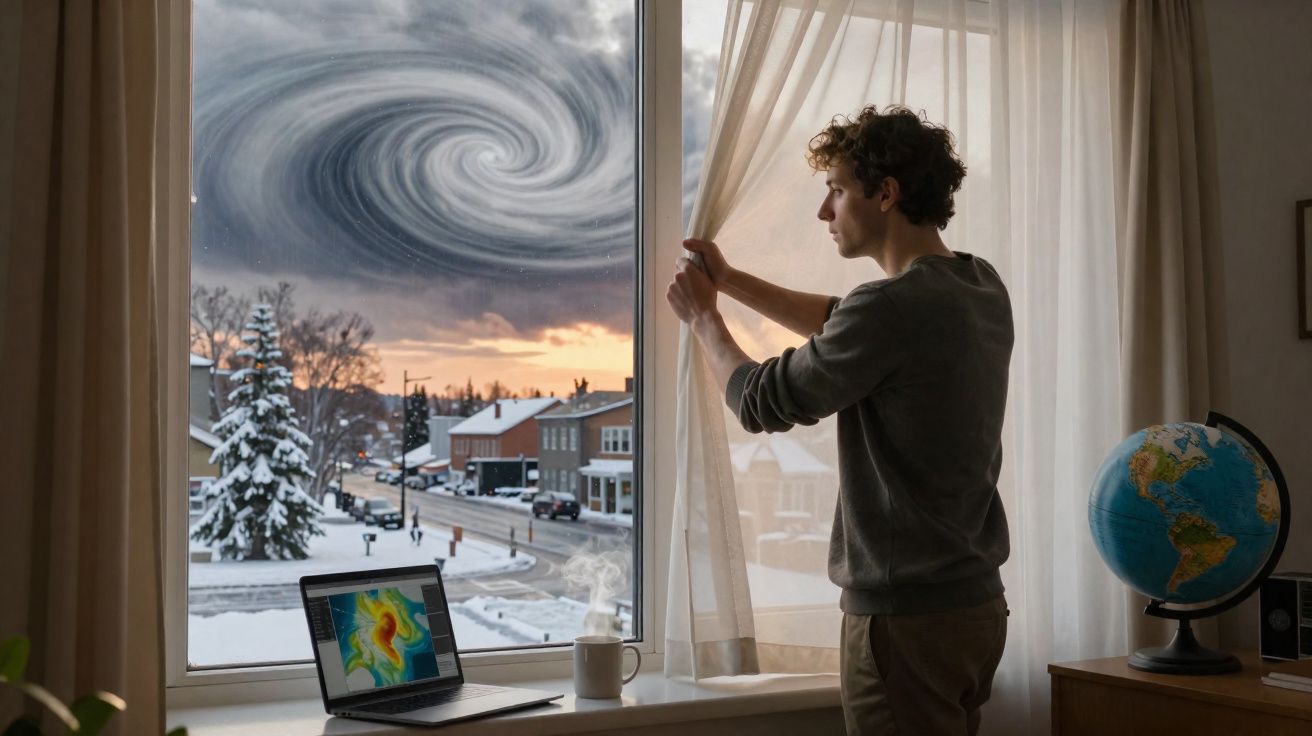 Homem abre cortina para ver tornado a formar-se numa cidade coberta de neve ao pôr do sol.