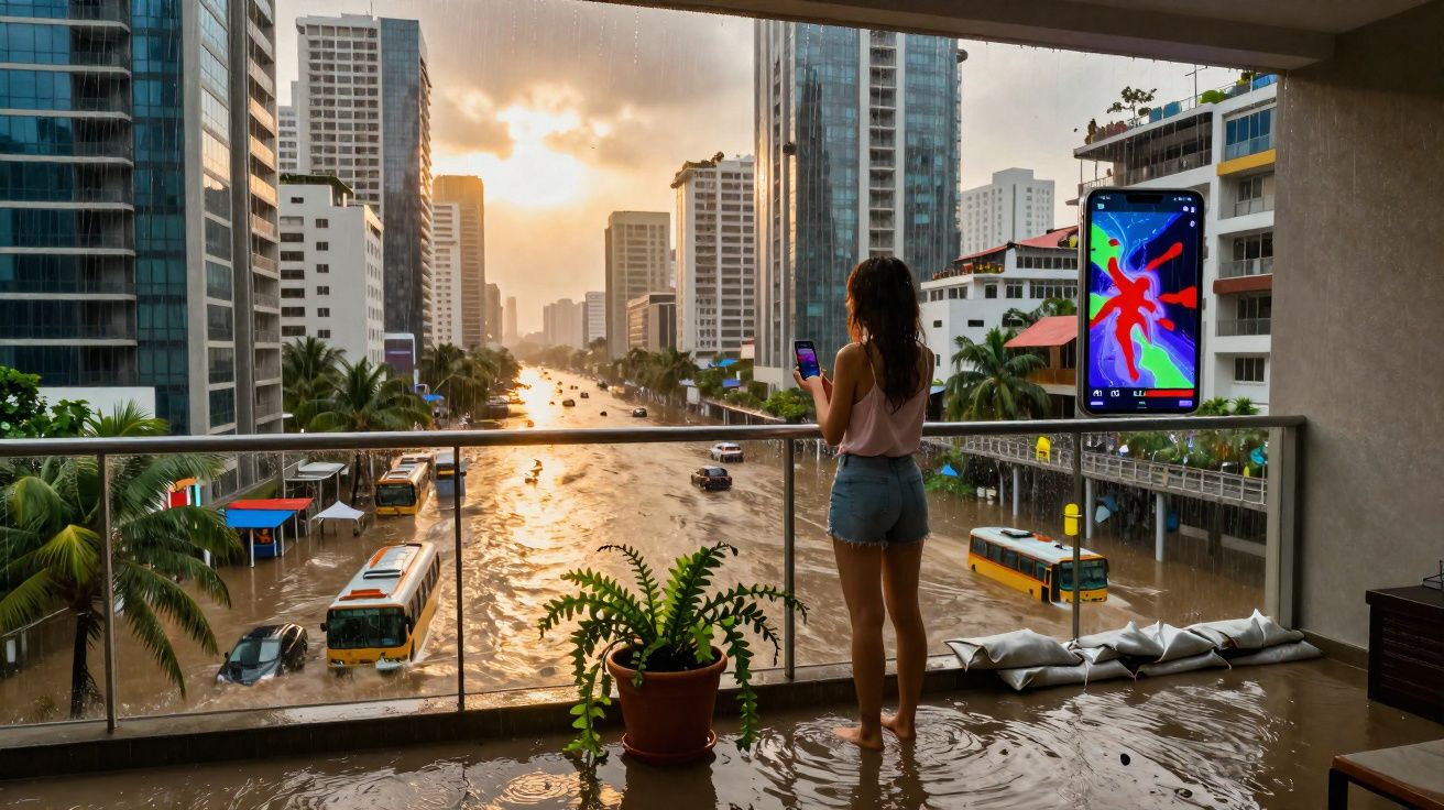 Mulher observa rua inundada vista de varanda com prédios altos e céu ao pôr do sol.