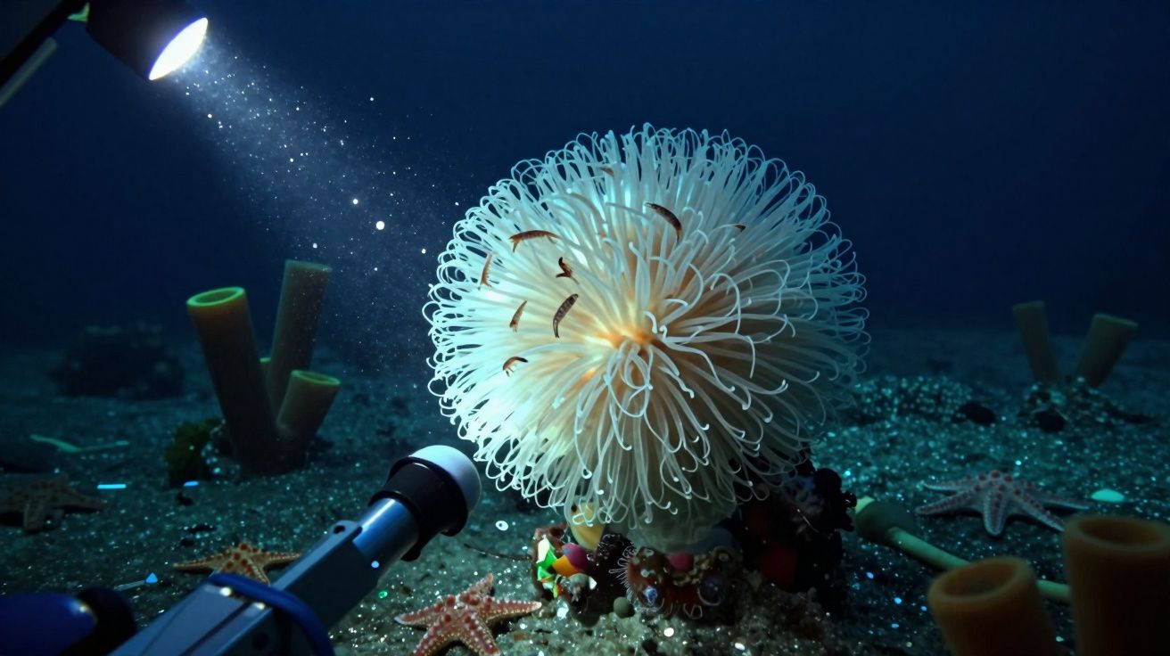 Sessão de luz focada em anémona-branca rodeada por estrelas-do-mar e corais no fundo do mar.