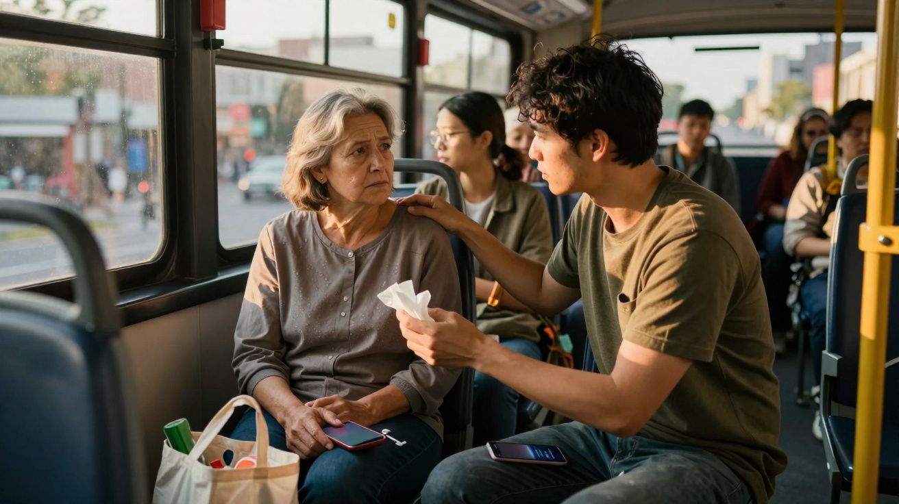 Jovem oferece lenço a senhora preocupada numa carruagem de autocarro cheia de passageiros.