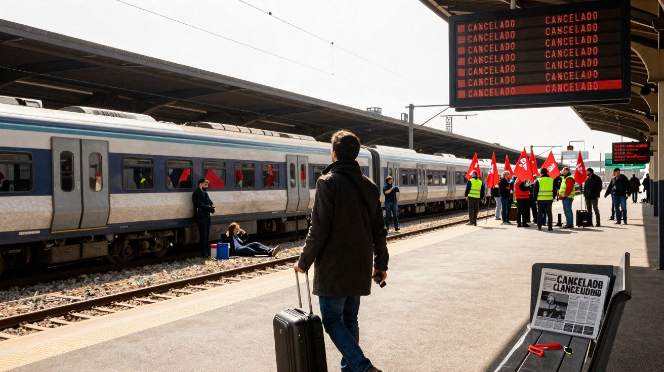 Estação de comboios com passageiros e sindicalistas, painel e jornal mostram múltiplos comboios cancelados.