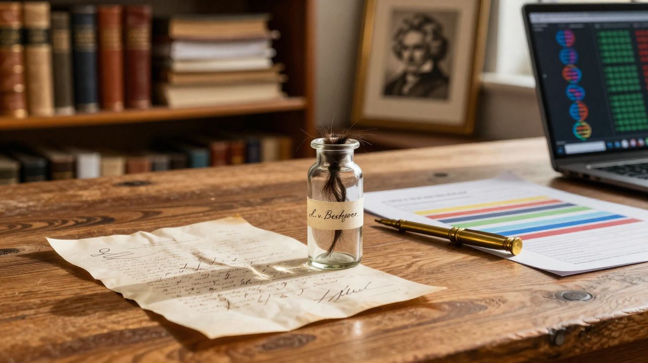 Frasco com mecha de cabelo sobre mesa de madeira, junto a carta manuscrita, caneta e computador portátil.