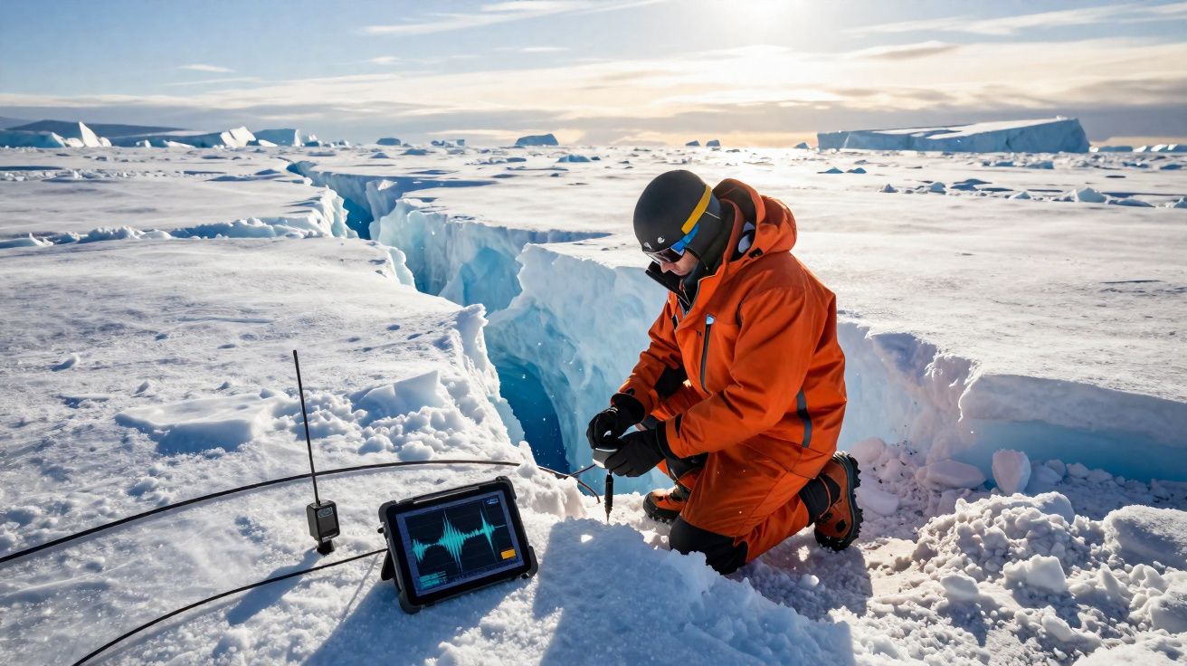 Cientista em fato laranja a trabalhar com equipamento de monitorização sobre gelo estaladiço no Ártico.