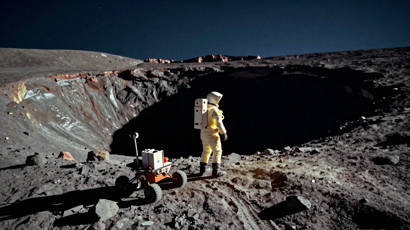 Astronauta em fato espacial branco observa a cratera lunar com veículo robótico ao lado na superfície da Lua.