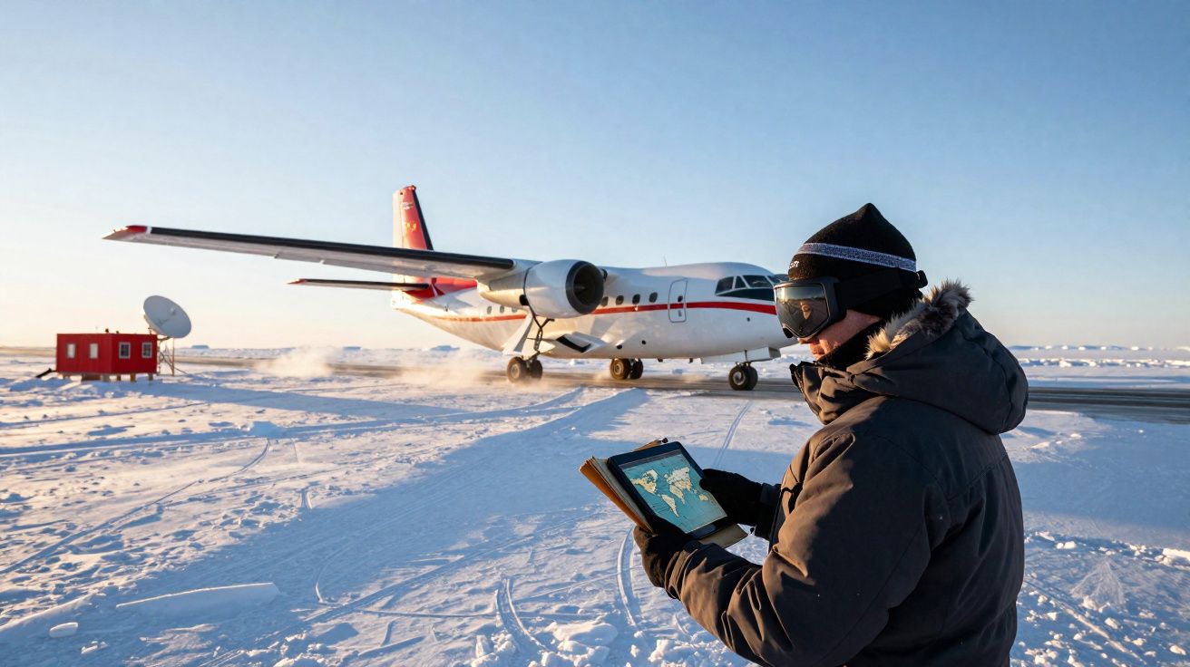 Pessoa com roupa de inverno a usar tablet, com avião pequeno e paisagem nevada ao fundo.