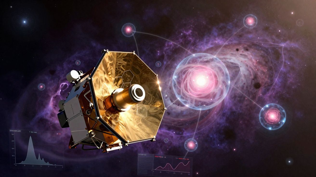 Sonda espacial com antena dourada a estudar galáxia e nebulosa roxa no espaço profundo.