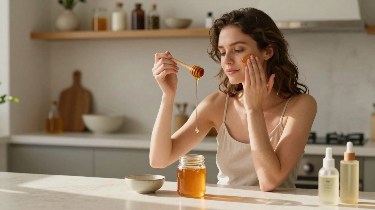 Mulher aplica mel no rosto sentada numa cozinha moderna com frascos de cosméticos sobre a mesa.