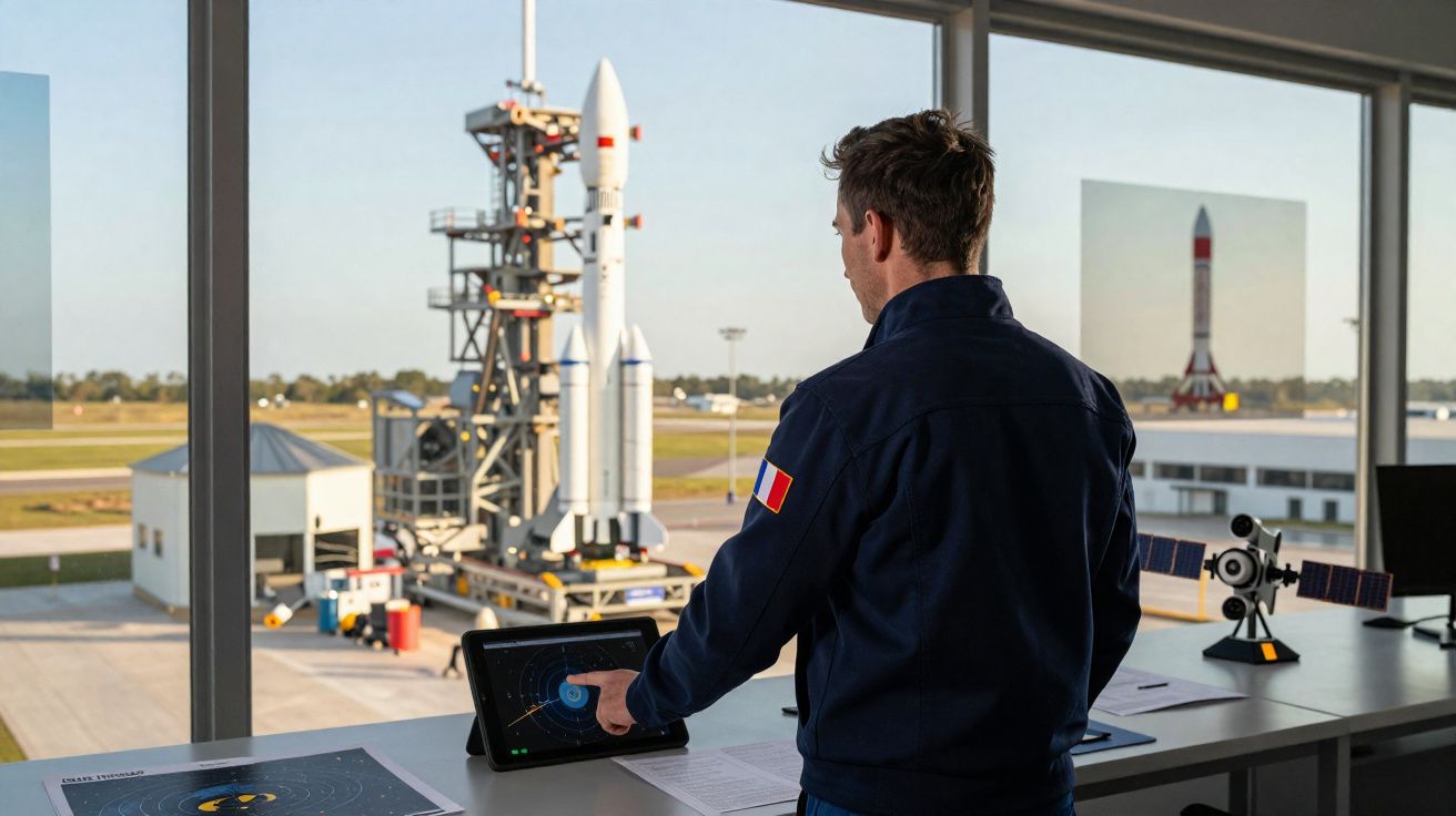 Homem com uniforme vê foguete fora do edifício, controlando dados espaciais num tablet, com modelos no escritório.