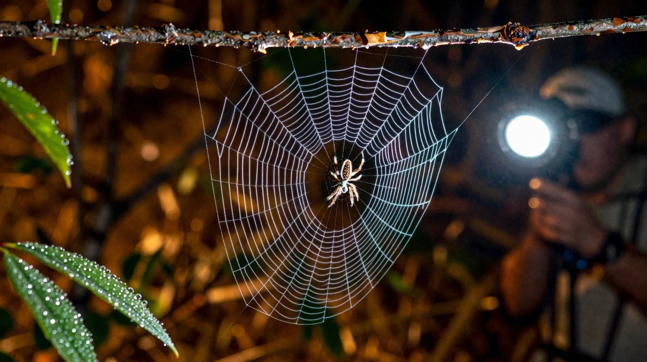 Aranha no centro de teia de aranha suspensa num galho, com fotógrafo desfocado ao fundo.