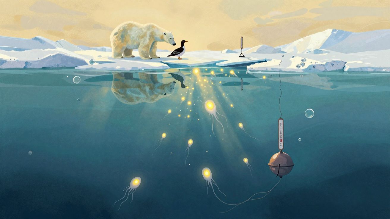 Urso polar e pato no gelo junto a equipamento de medição em água com luzes subaquáticas brilhantes.