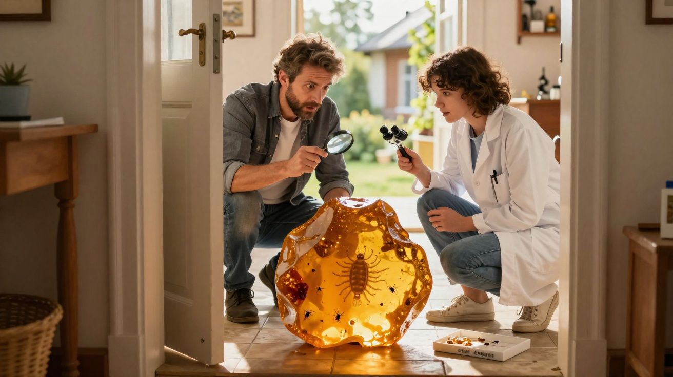 Dois cientistas examinam fóssil gigante de inseto em âmbar no chão de uma casa com lupas.