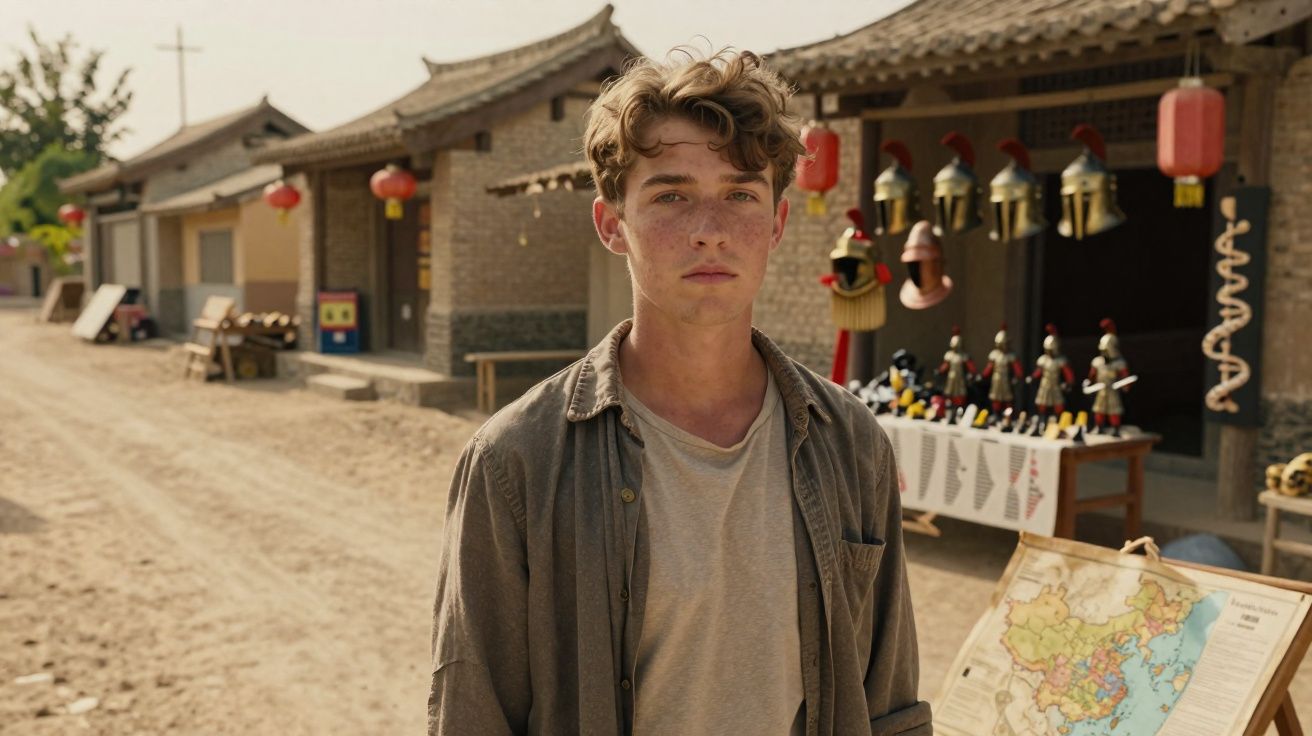 Jovem com camisa cinza-área em rua de vila tradicional com objetos artesanais e mapa ao fundo.