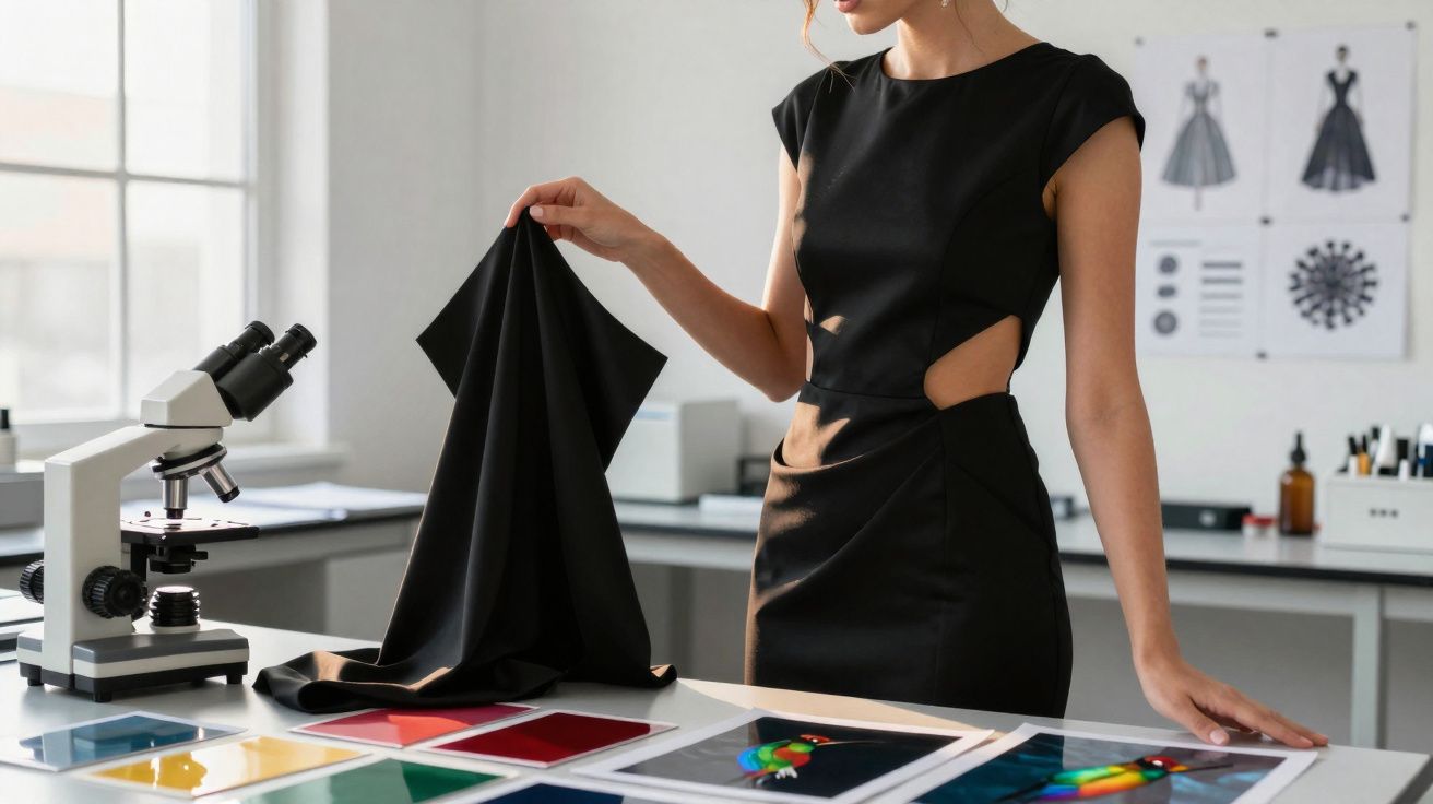 Mulher em vestido preto segurando tecido preto em ambiente com mesa, microscópio e amostras coloridas.
