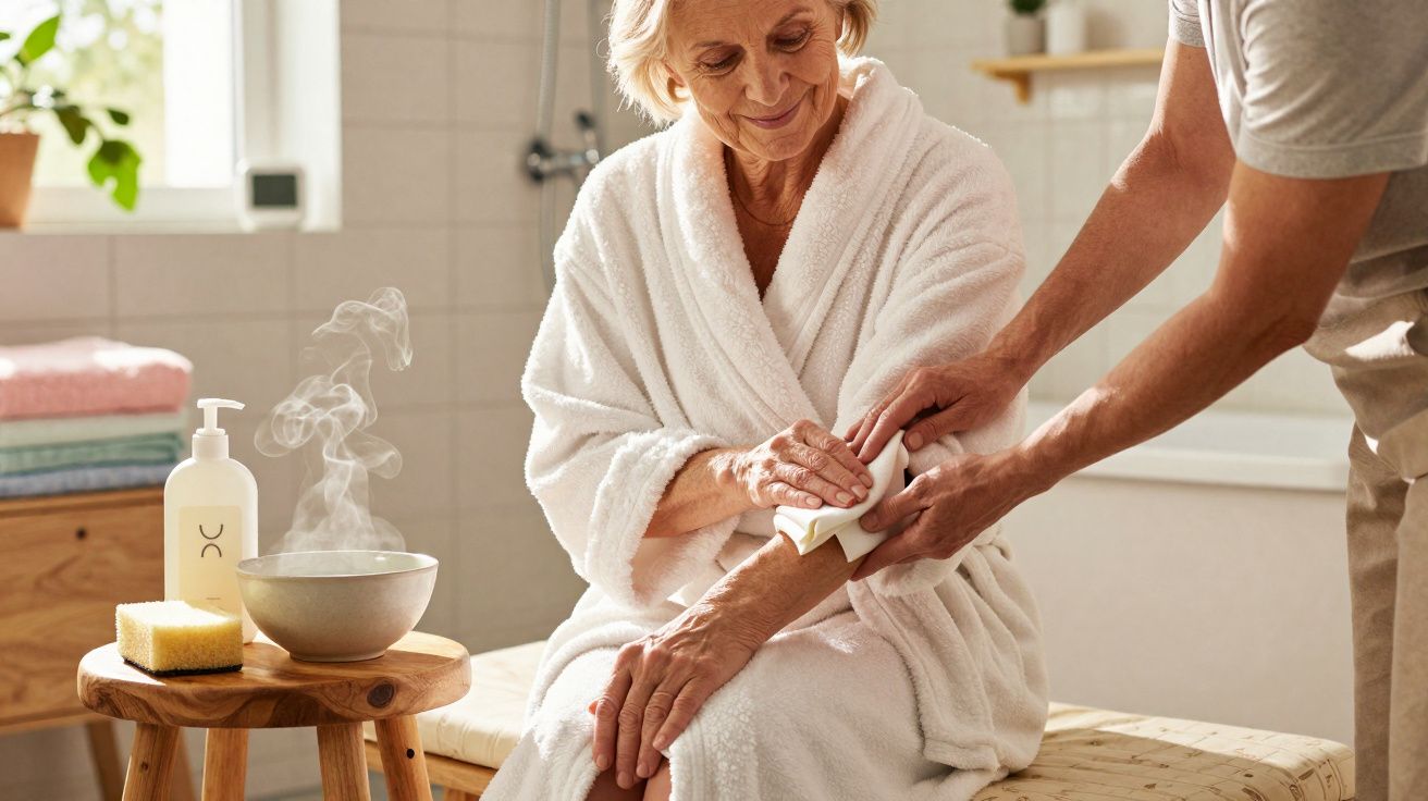 Pessoa idosa a receber cuidado na pele do braço num ambiente de spa relaxante com vapor quente.