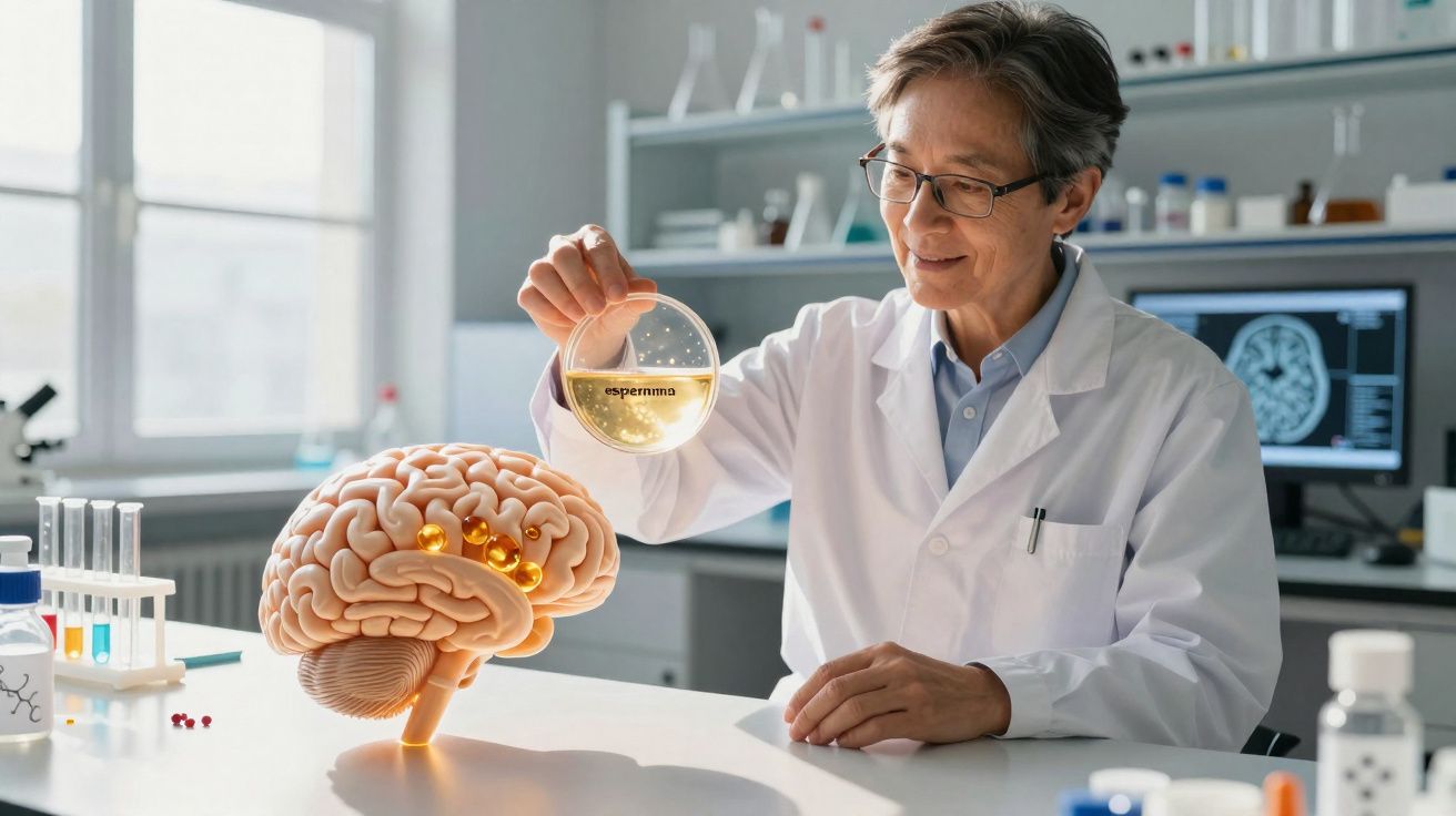 Cientista com bata branca vertendo líquido em modelo de cérebro, num laboratório moderno iluminado.