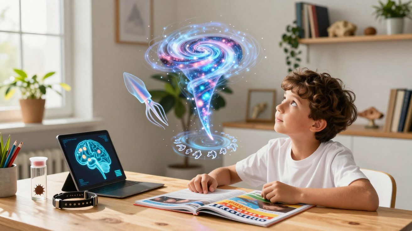 Criança a estudar biologia com projeções holográficas de célula e tornado numa mesa iluminada.