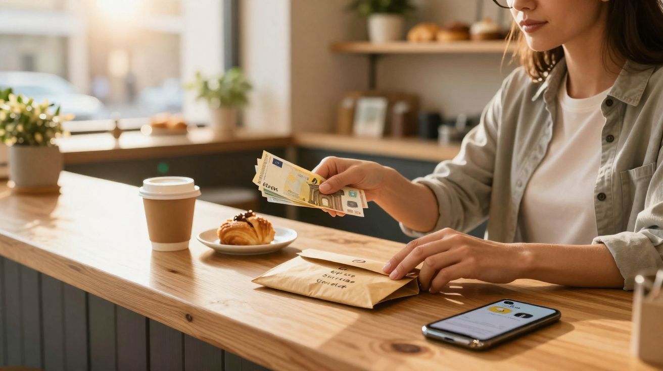 Pessoa a pagar com dinheiro numa pastelaria com croissant, café para levar e telemóvel na mesa.