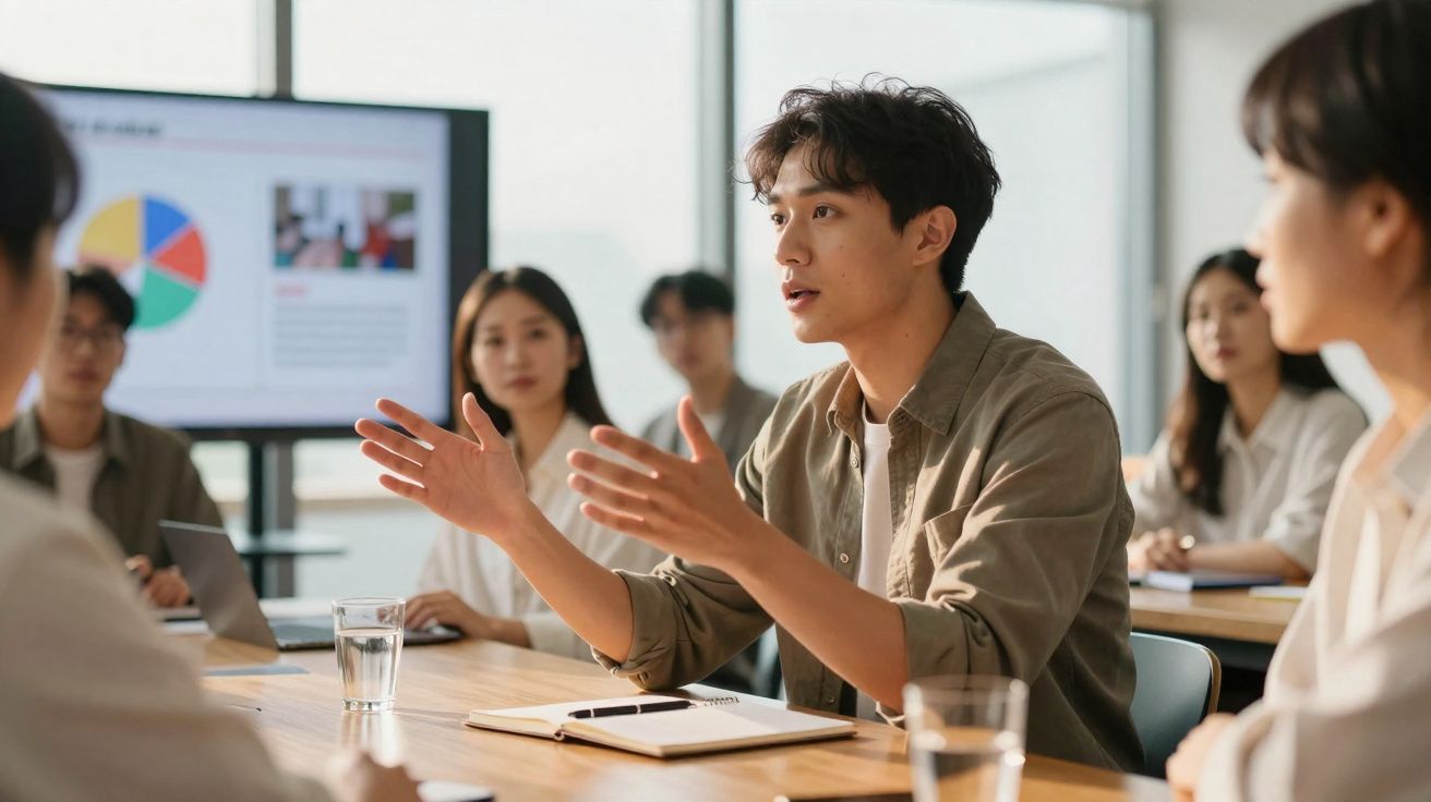 Jovem a falar entusiasticamente durante reunião de trabalho com colegas atentos em sala moderna.
