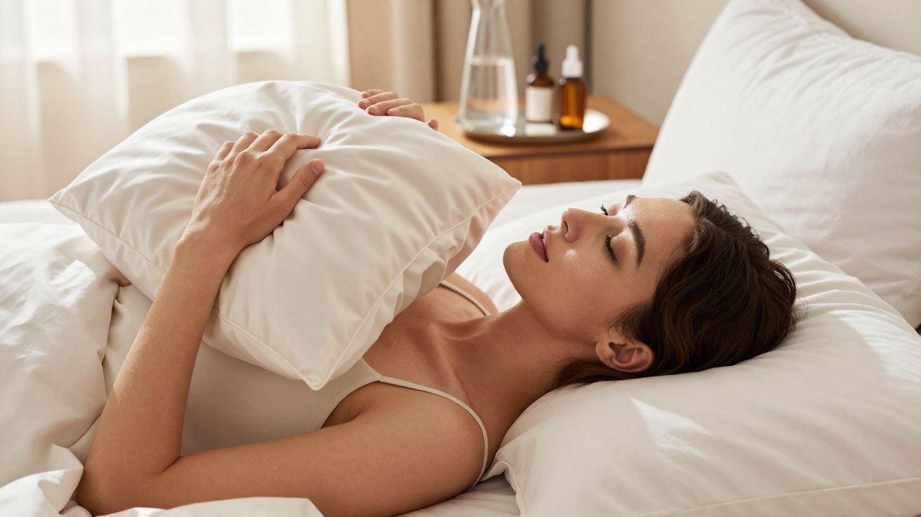 Mulher de olhos fechados abraça almofada enquanto descansa numa cama com roupa branca e luz natural.