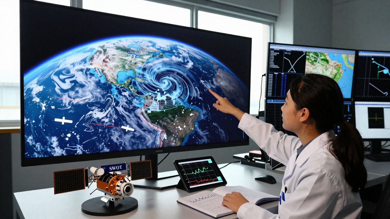 Mulher em bata branca analisa satélite e sistemas de monitorização do clima numa sala de controlo.