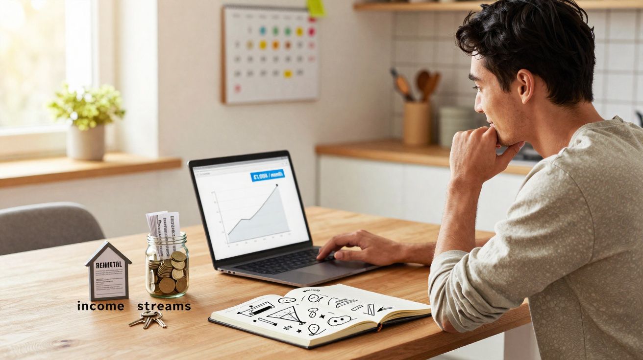 Homem a analisar gráfico de crescimento financeiro num computador portátil numa mesa com caderno desenhado e jarro com moedas