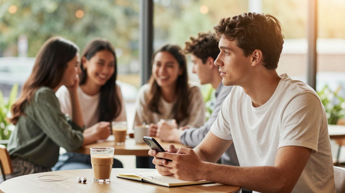 Jovem sentado só com telemóvel, com grupo de amigos a conversar ao fundo numa cafeteria iluminada.