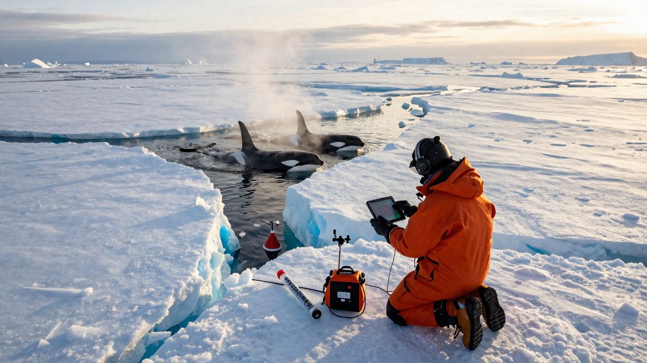 Investigador com fato laranja numa paisagem nevada observa duas orcas a emergir entre o gelo.