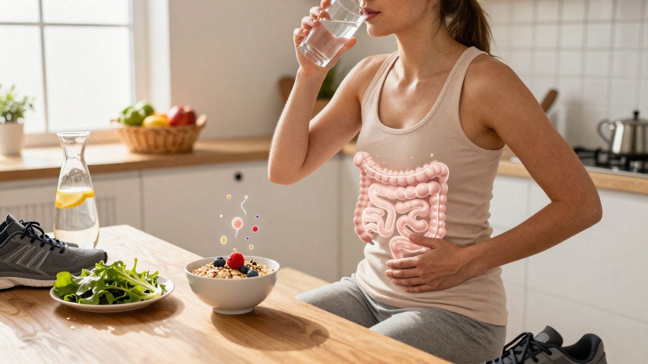 Mulher bebe água para melhorar a digestão, com ilustração do sistema digestivo sobre o tronco, ao lado de comida saudável.