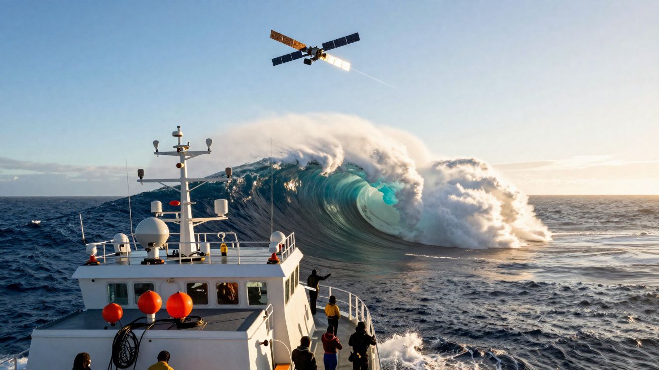 Navio com pessoas observa grande onda no oceano com satélite visível no céu ao pôr do sol.
