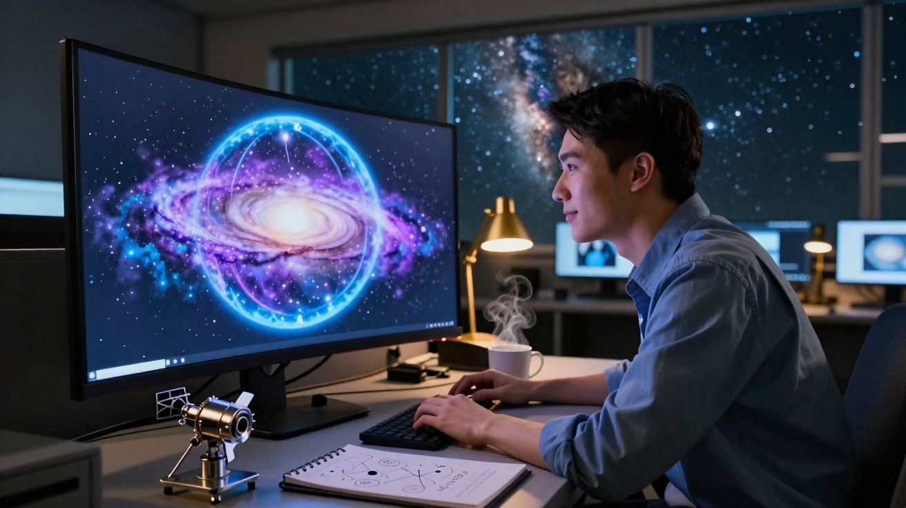 Jovem a trabalhar em computador com imagem digitalizada de galáxia no ecrã e caderno de notas sobre astronomia.