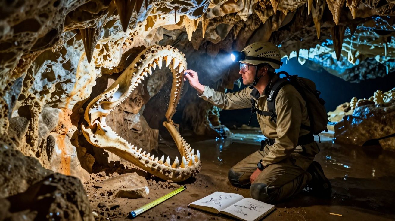 Explorador com capacete e luz examina crânio gigante numa caverna com estalactites e estalagmites.