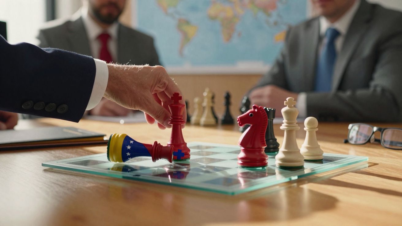 Tabuleiro de xadrez em vidro com peças vermelhas e brancas, mão a mover uma peça, duas pessoas com fatos ao fundo.