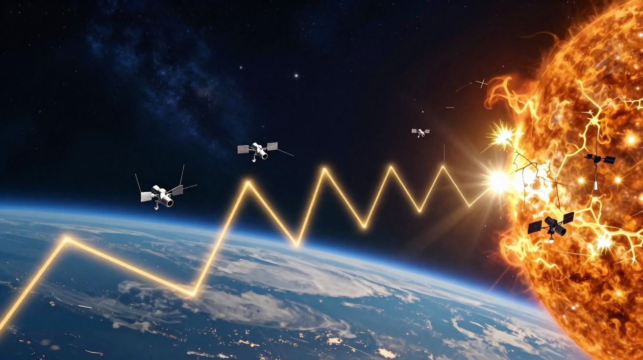 Satélites em órbita da Terra recebendo sinais solares, com destaque para o sol e o espaço estrelado.