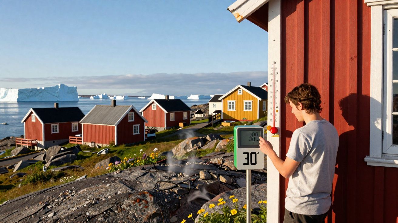 Pessoa a medir a temperatura exterior junto a casas vermelhas com icebergs ao fundo numa paisagem costeira.