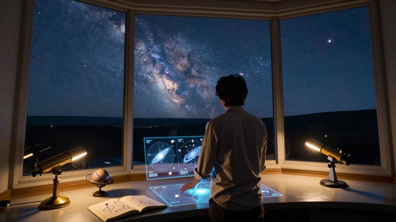 Pessoa a observar mapas estelares digitais num observatório com vista para o céu noturno estrelado.