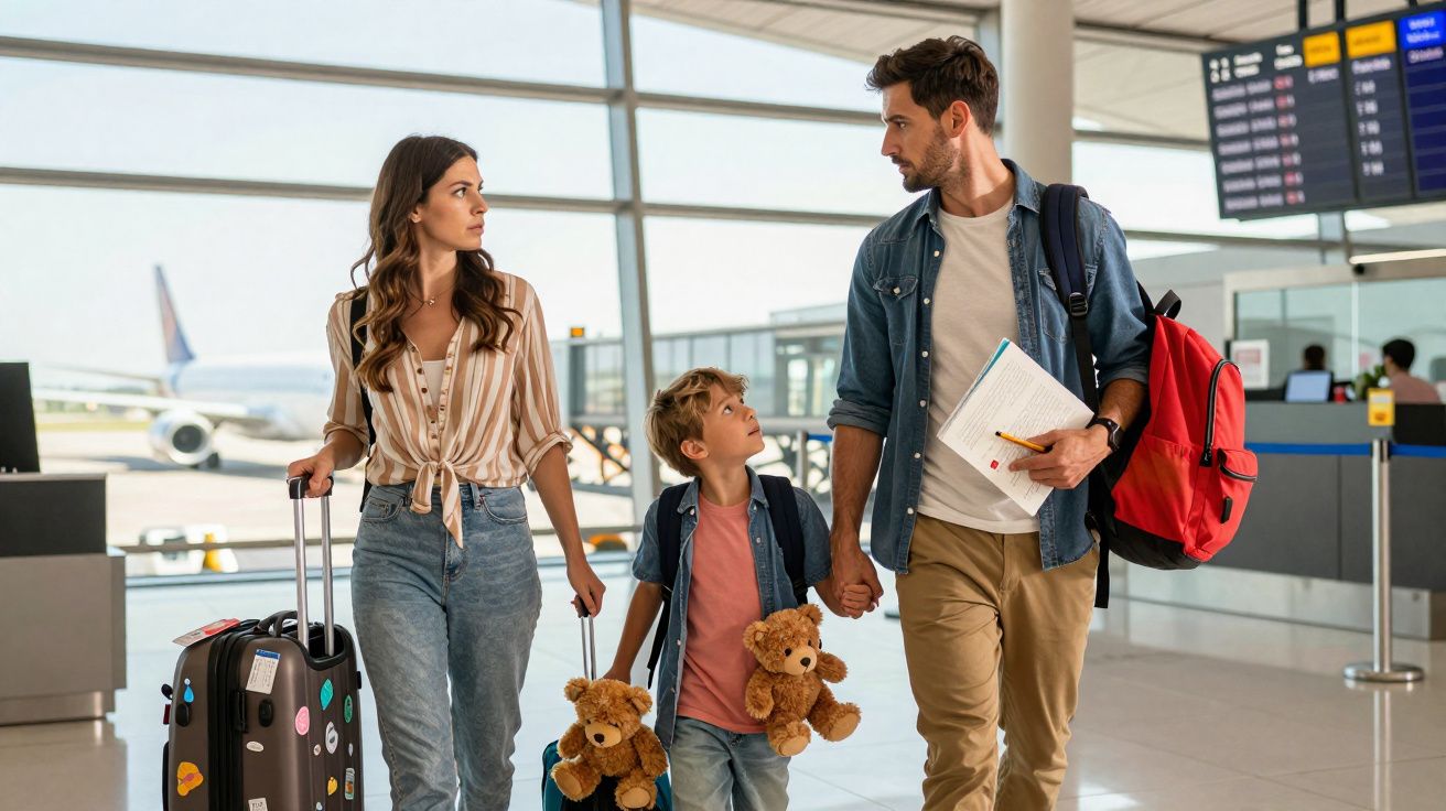 Família com criança e malas de viagem caminha pelo aeroporto, com avião visível ao fundo.