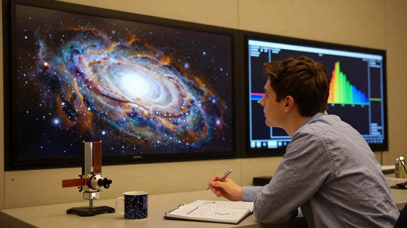 Homem a estudar uma galáxia numa grande ecrã enquanto faz anotações numa secretária.