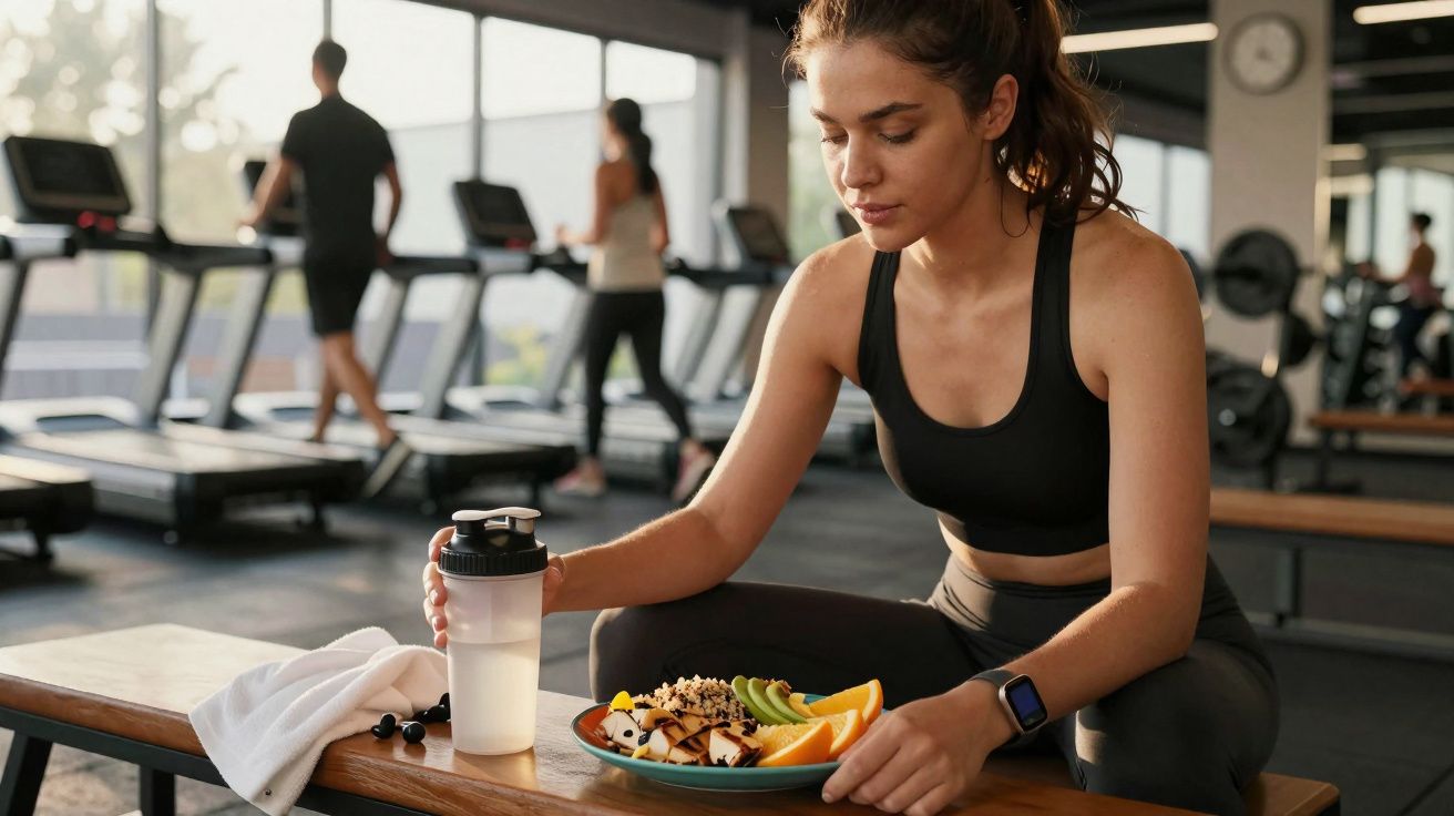 Mulher em roupa de ginásio sentada num banco a beber água e a olhar para um prato de fruta e cereais.