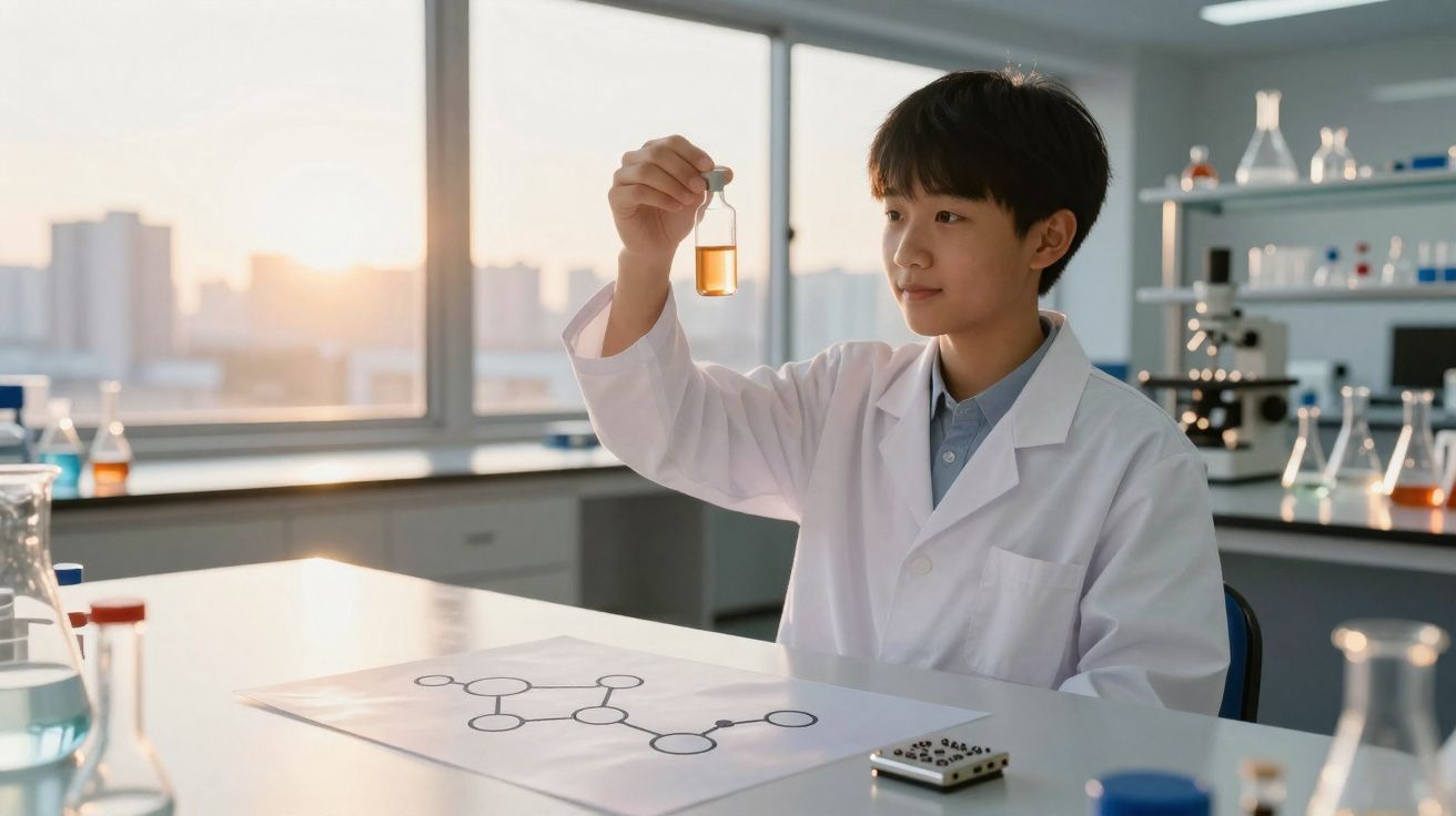Criança em bata branca analisa frasco com líquido laranja em laboratório iluminado pelo pôr do sol.