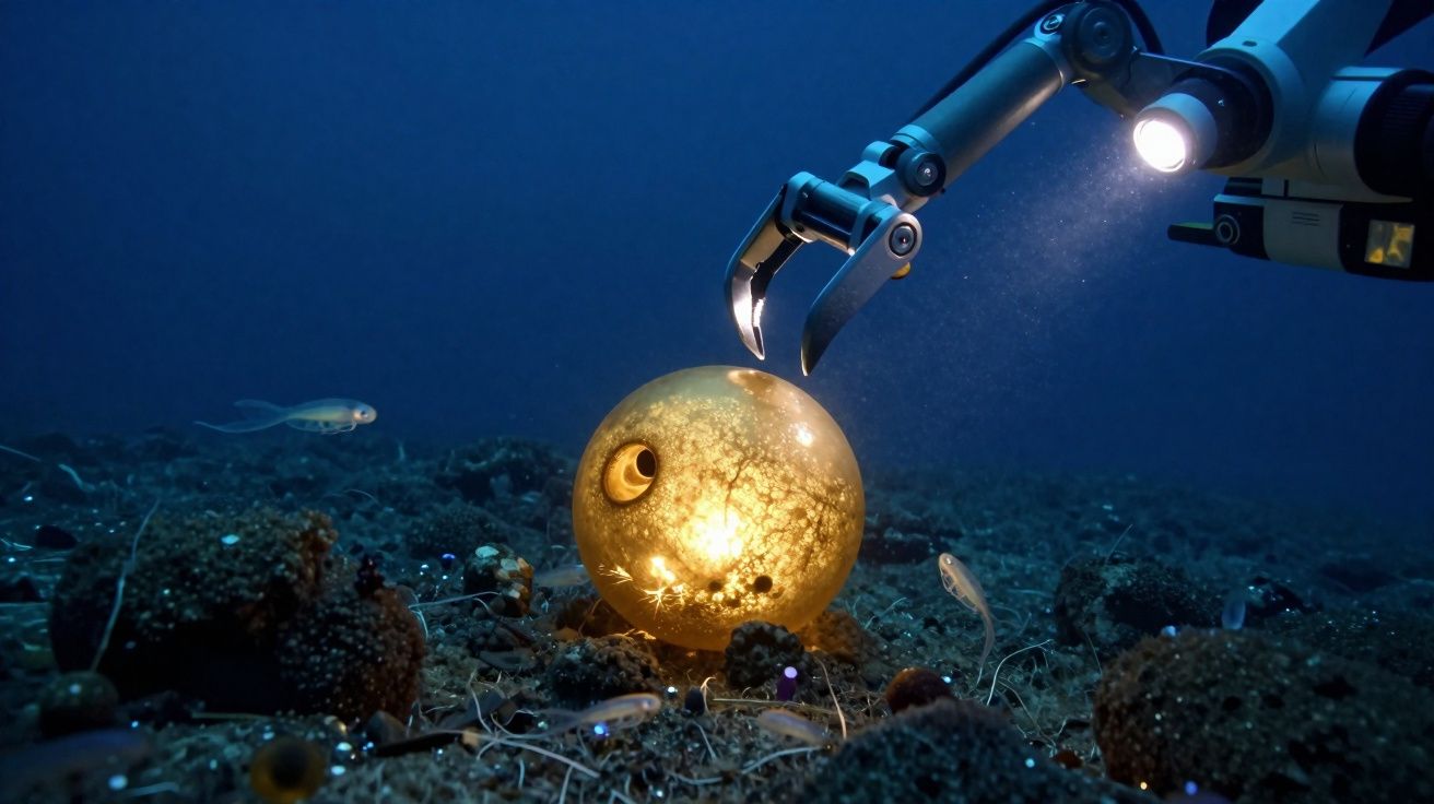 Braço robótico submarino com luz a segurar uma esfera dourada luminosa no fundo do mar.
