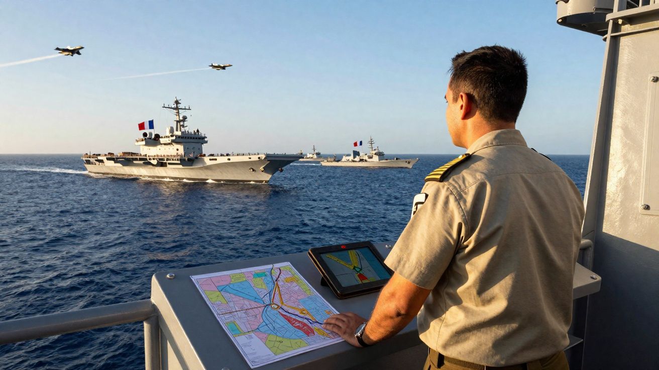Oficial naval observa porta-aviões francês e dois aviões em voo sobre o mar a partir de navio militar.