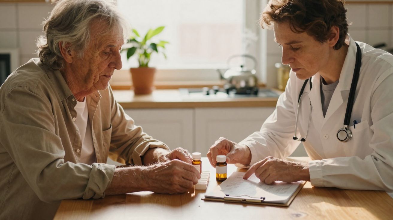 Médica explica medicação a idoso sentado à mesa numa cozinha iluminada.