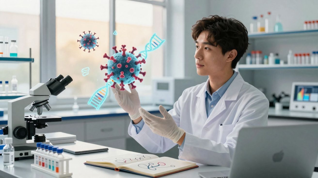 Cientista em laboratório observando modelo digital do vírus com DNA ao lado de microscópio e livros.
