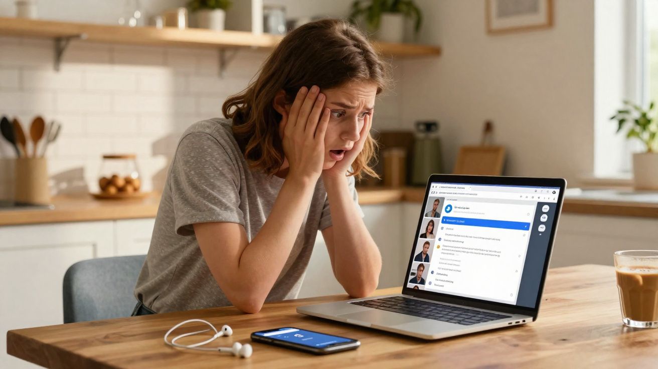 Mulher surpreendida sentada à mesa a usar computador portátil numa cozinha moderna, com telemóvel e café à frente.