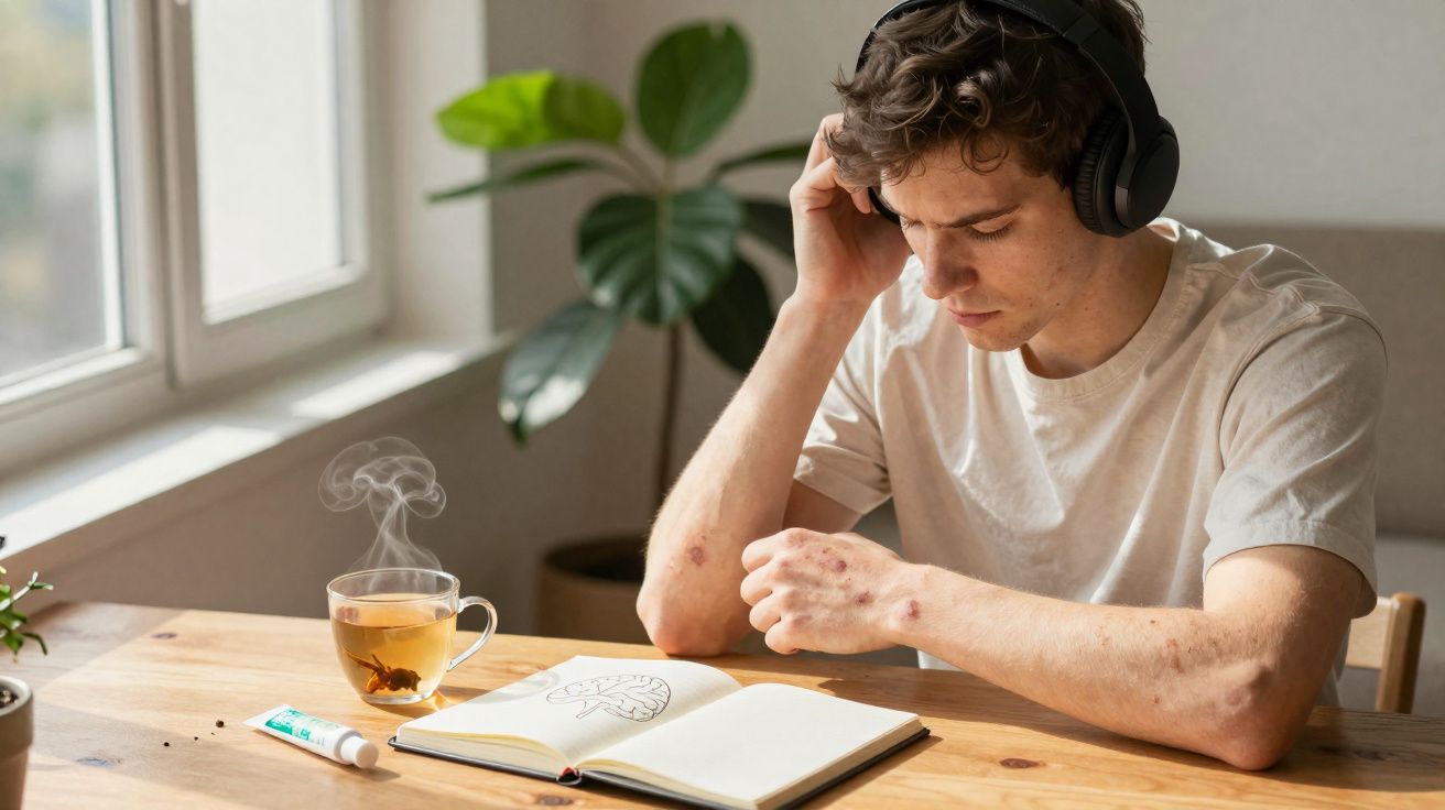 Jovem com auscultadores sentado à mesa a ler, com chá fumegante e tubo de pomada ao lado.