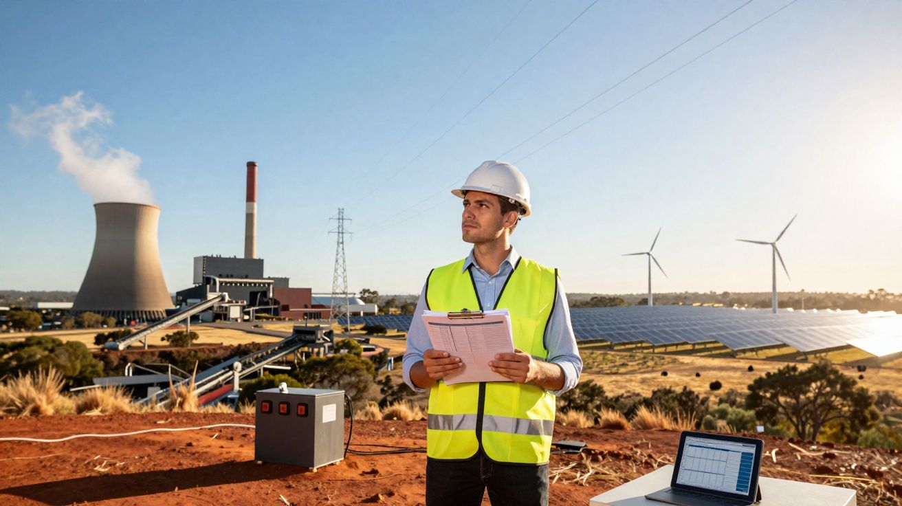 Engenheiro numa central elétrica com painéis solares, turbinas eólicas e torre de arrefecimento ao fundo.