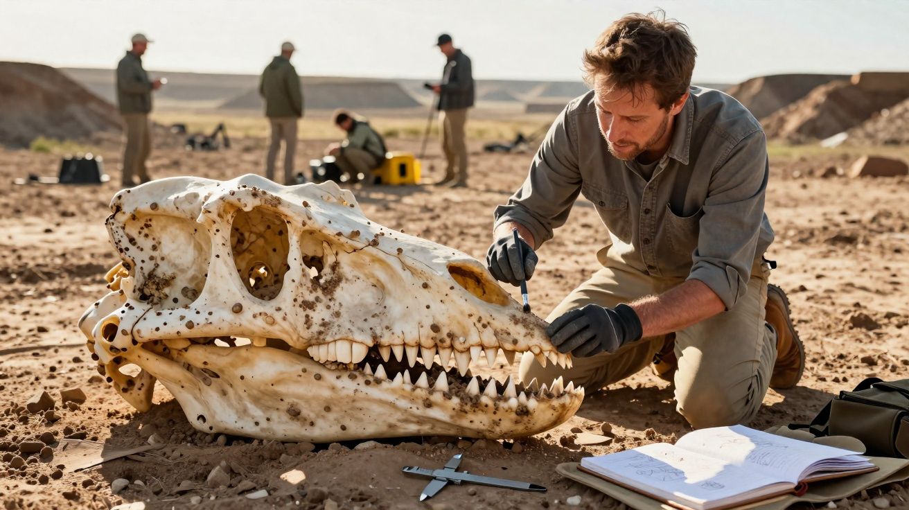 Cientista examina um enorme crânio fóssil num sítio arqueológico desértico, com equipas ao fundo.